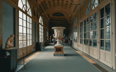 Galleria degli Uffizi in Florence, internal view, statues - day time